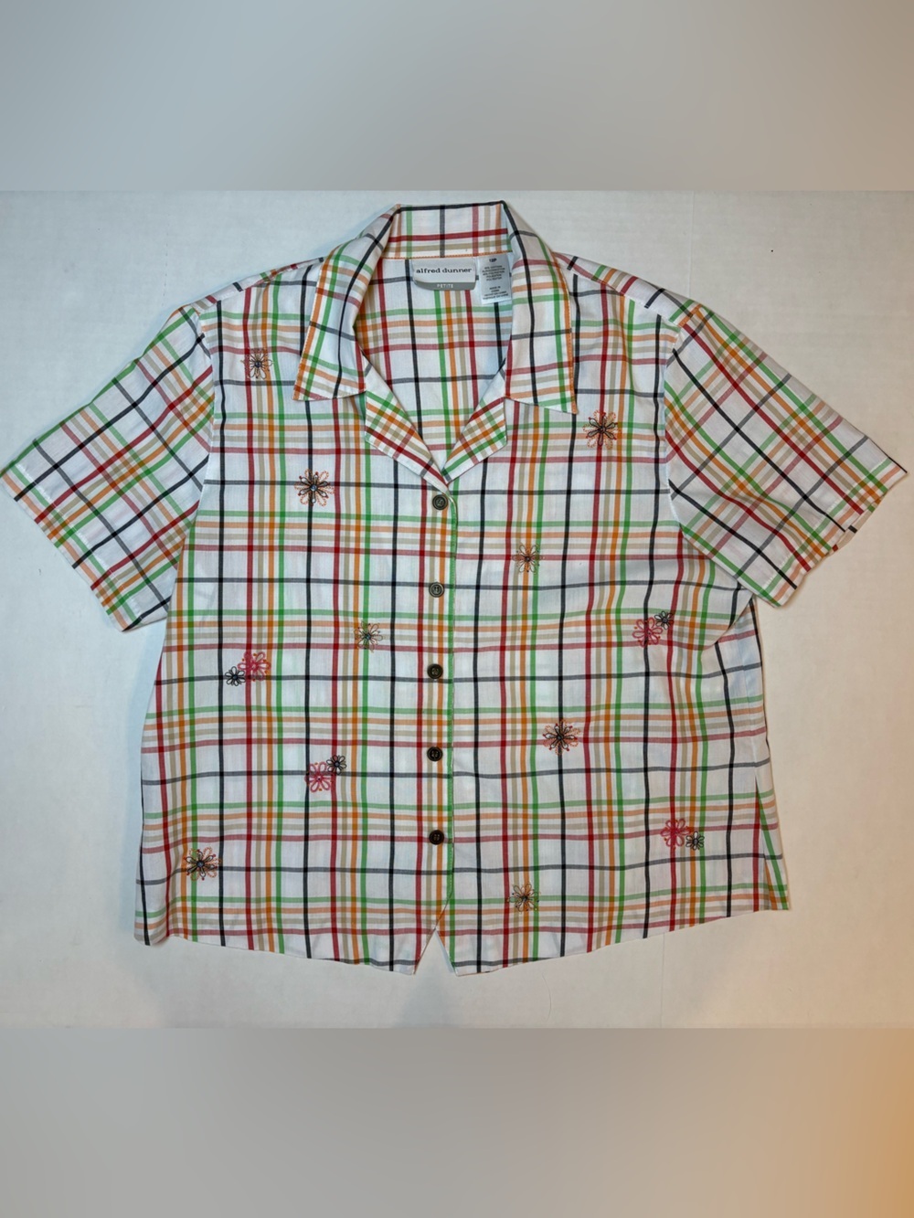 Alfred Dunner Rainbow Plaid Blouse Delicate Floral Embroidery Petite 12